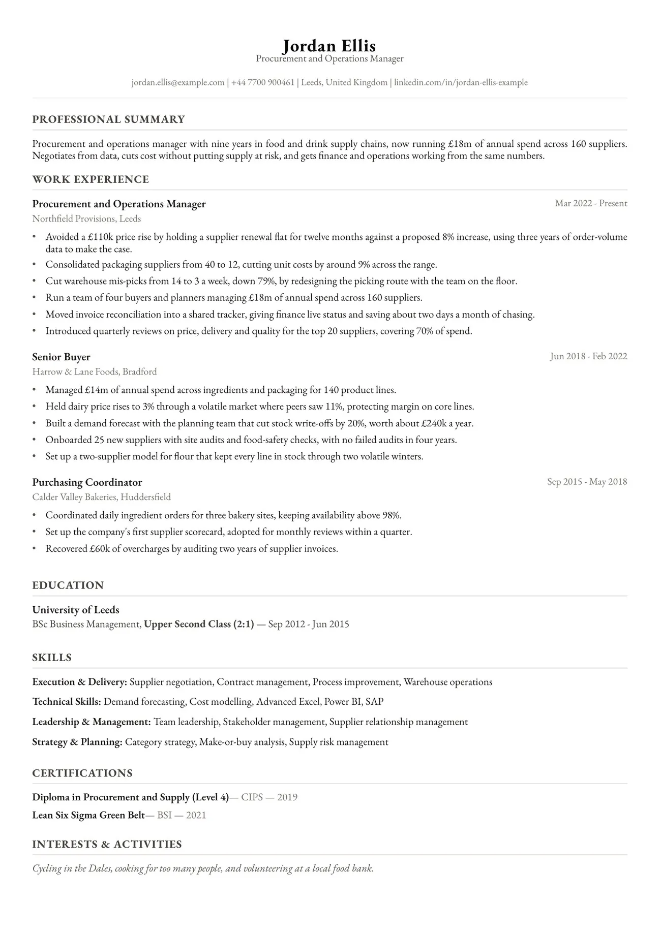 A complete one-page CV exported from ProFeed