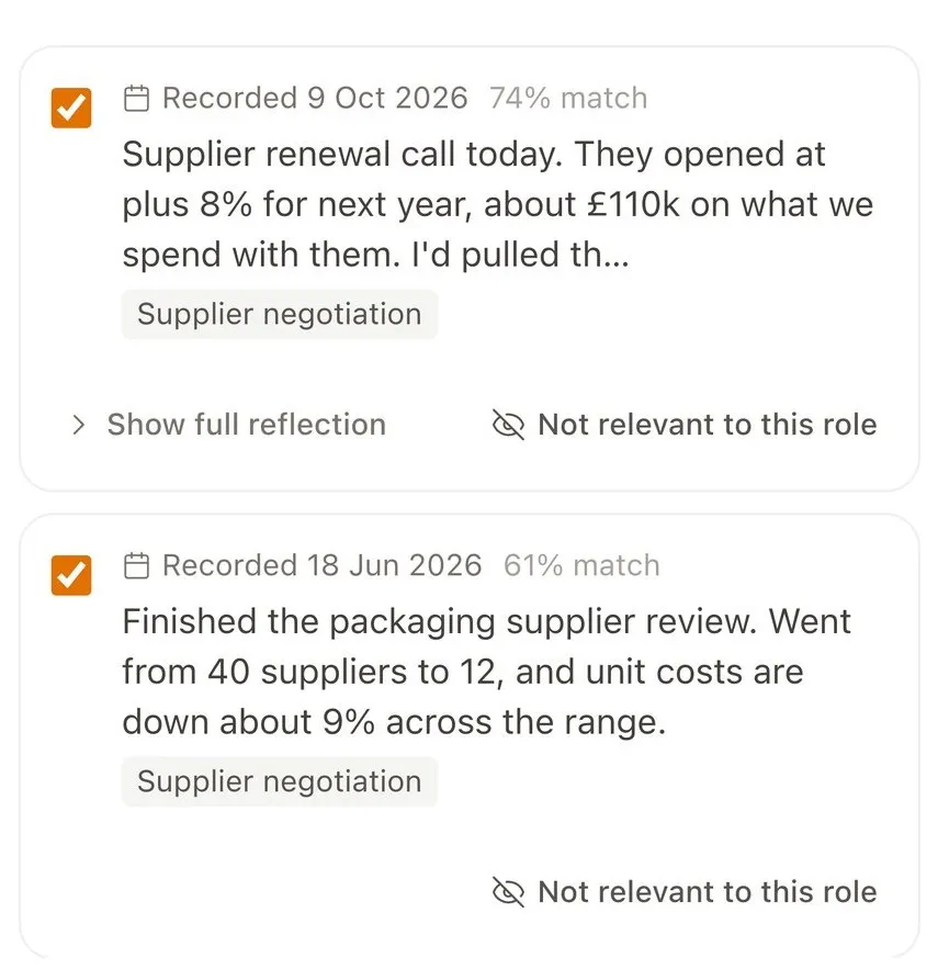 Two notes matched to the role, with the dates they were recorded and how closely they match